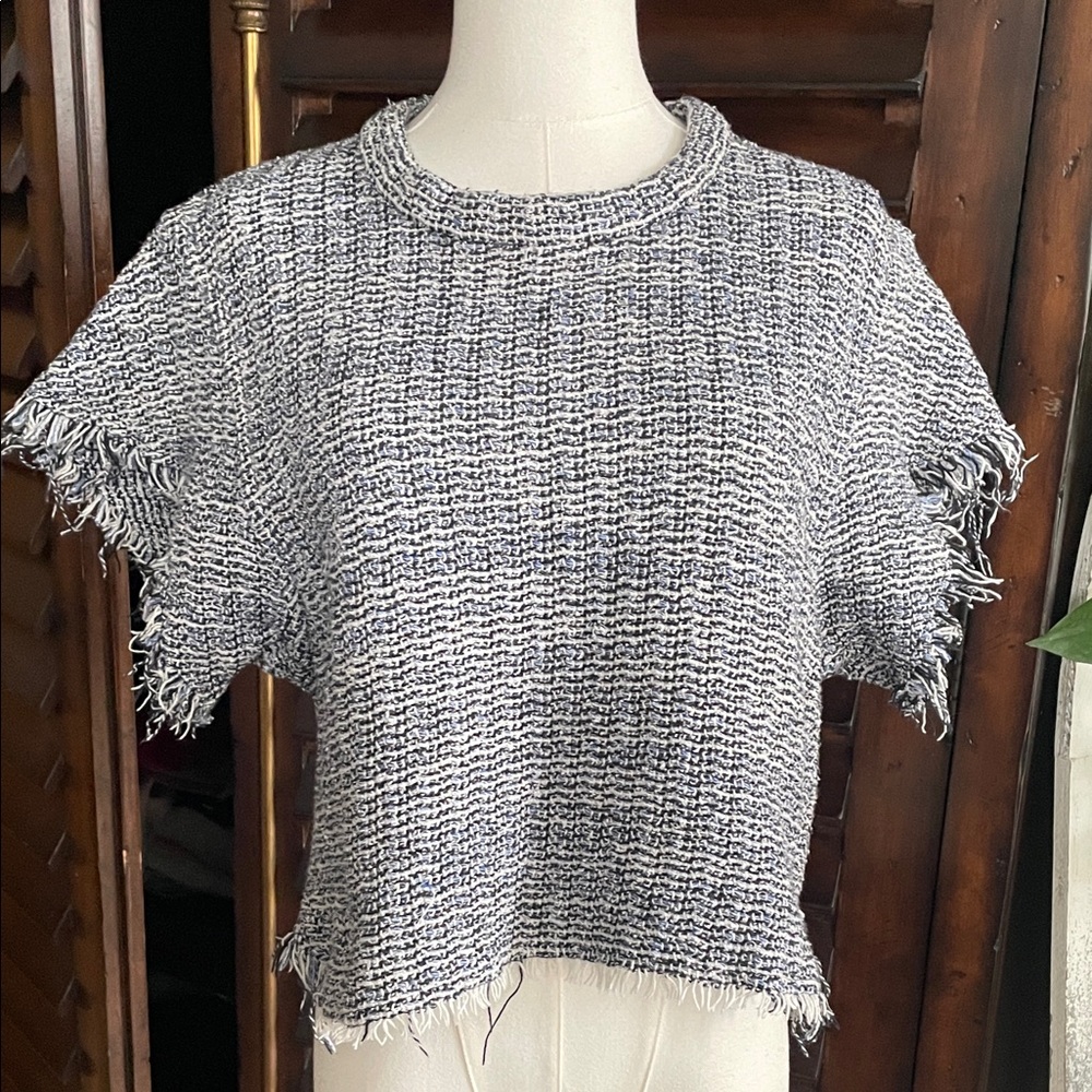 IRO Cropped Tweed Blue Black Raw Hem Top 38 Small Medium